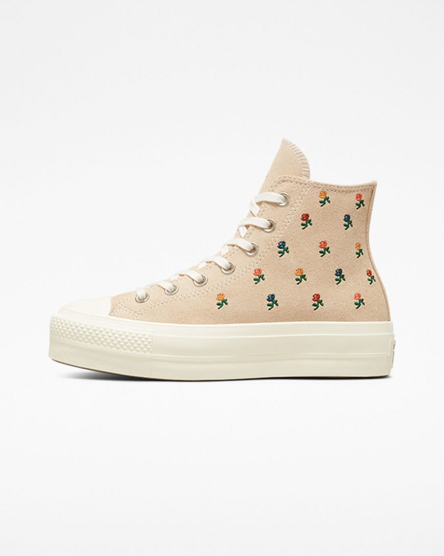 Pantofi Platforma Dama Converse Chuck Taylor All Star Lift Embroidered Roses Inalti Bej | RO LYTKJ947